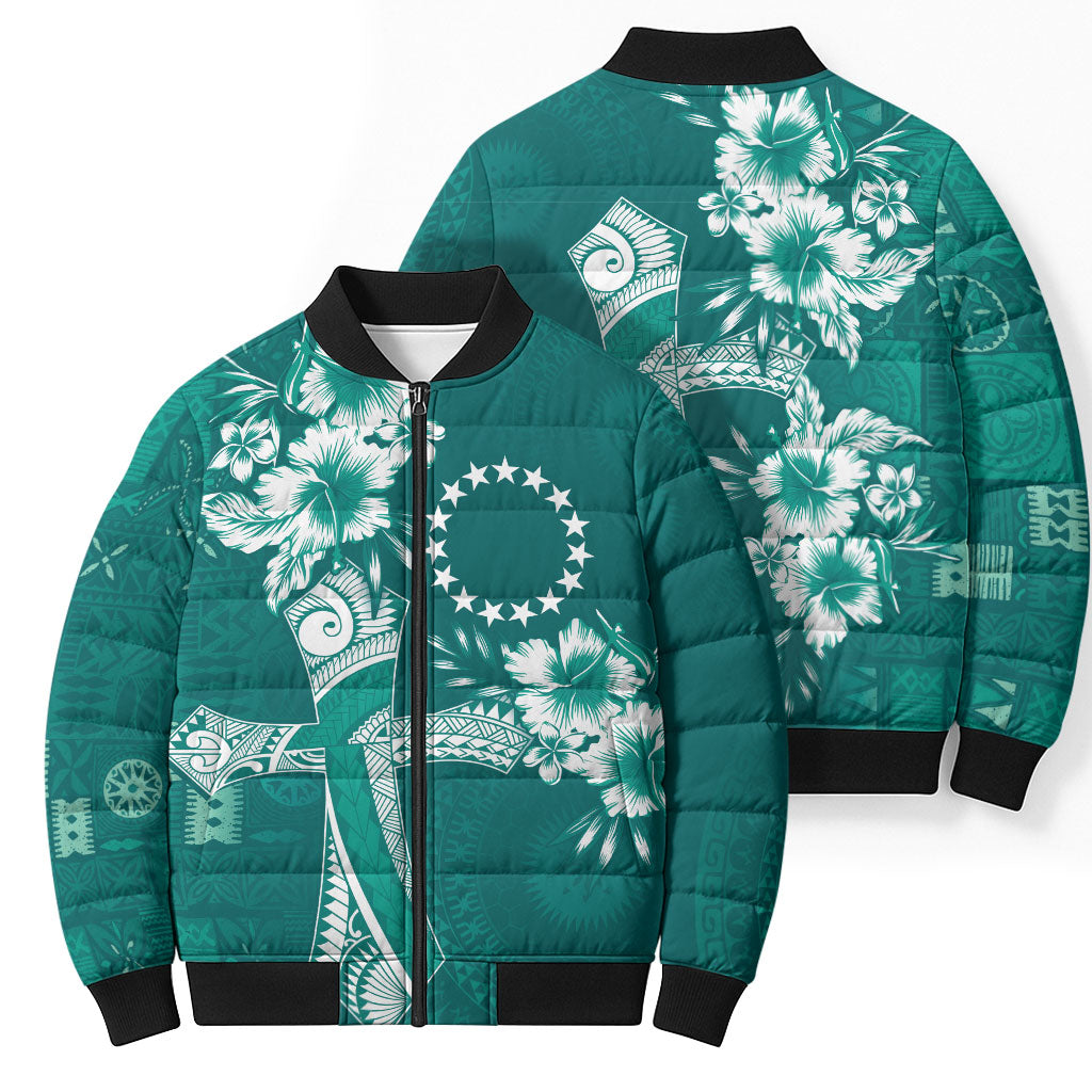 Kia Orana Cook Islands Tapa Floral With Cross Bomber Puffer Jacket Deep Teal LT7 - Polynesian Pride