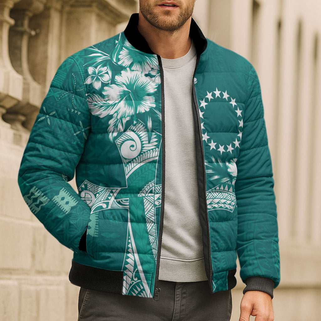 Kia Orana Cook Islands Tapa Floral With Cross Bomber Puffer Jacket Deep Teal LT7 - Polynesian Pride