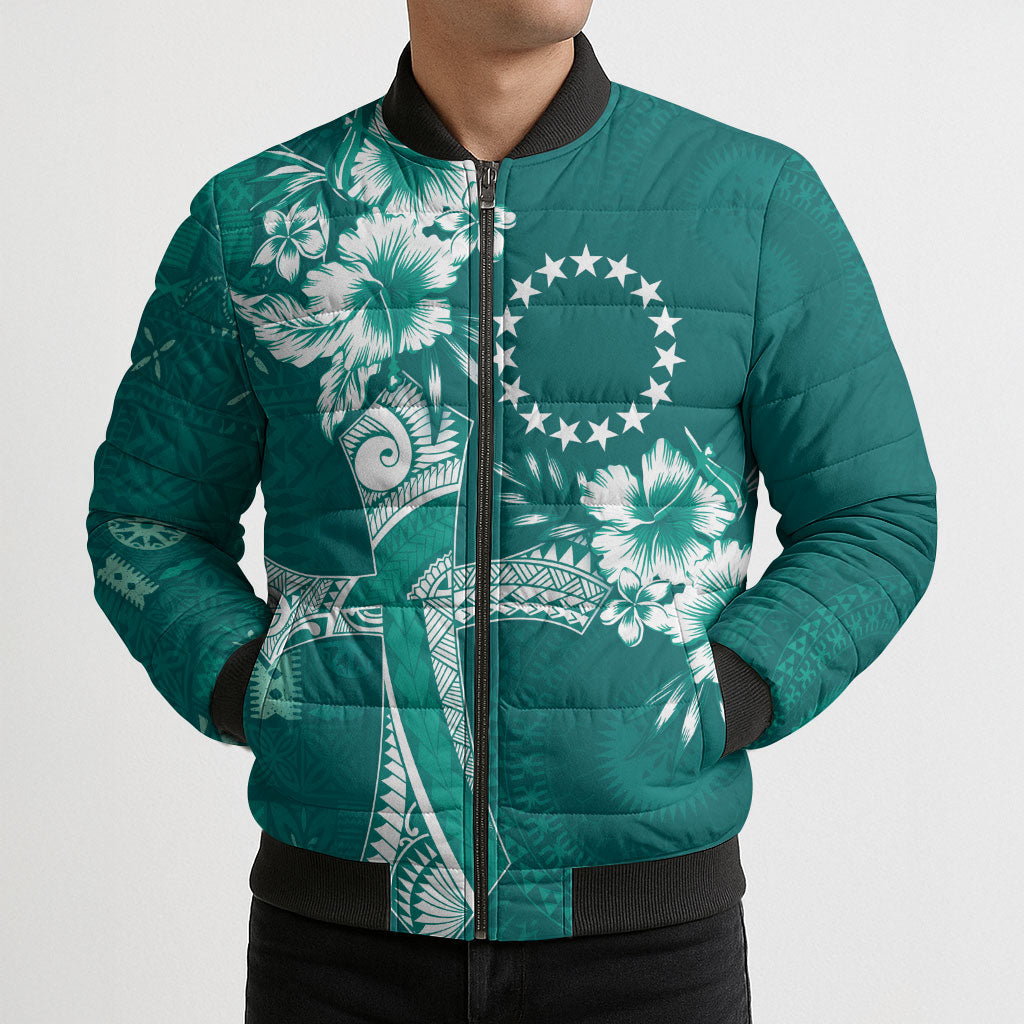 Kia Orana Cook Islands Tapa Floral With Cross Bomber Puffer Jacket Deep Teal LT7 - Polynesian Pride