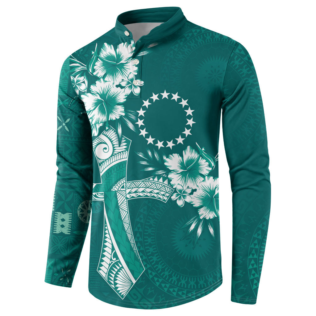 Kia Orana Cook Islands Tapa Floral With Cross Button Sweatshirt Deep Teal LT7 - Polynesian Pride
