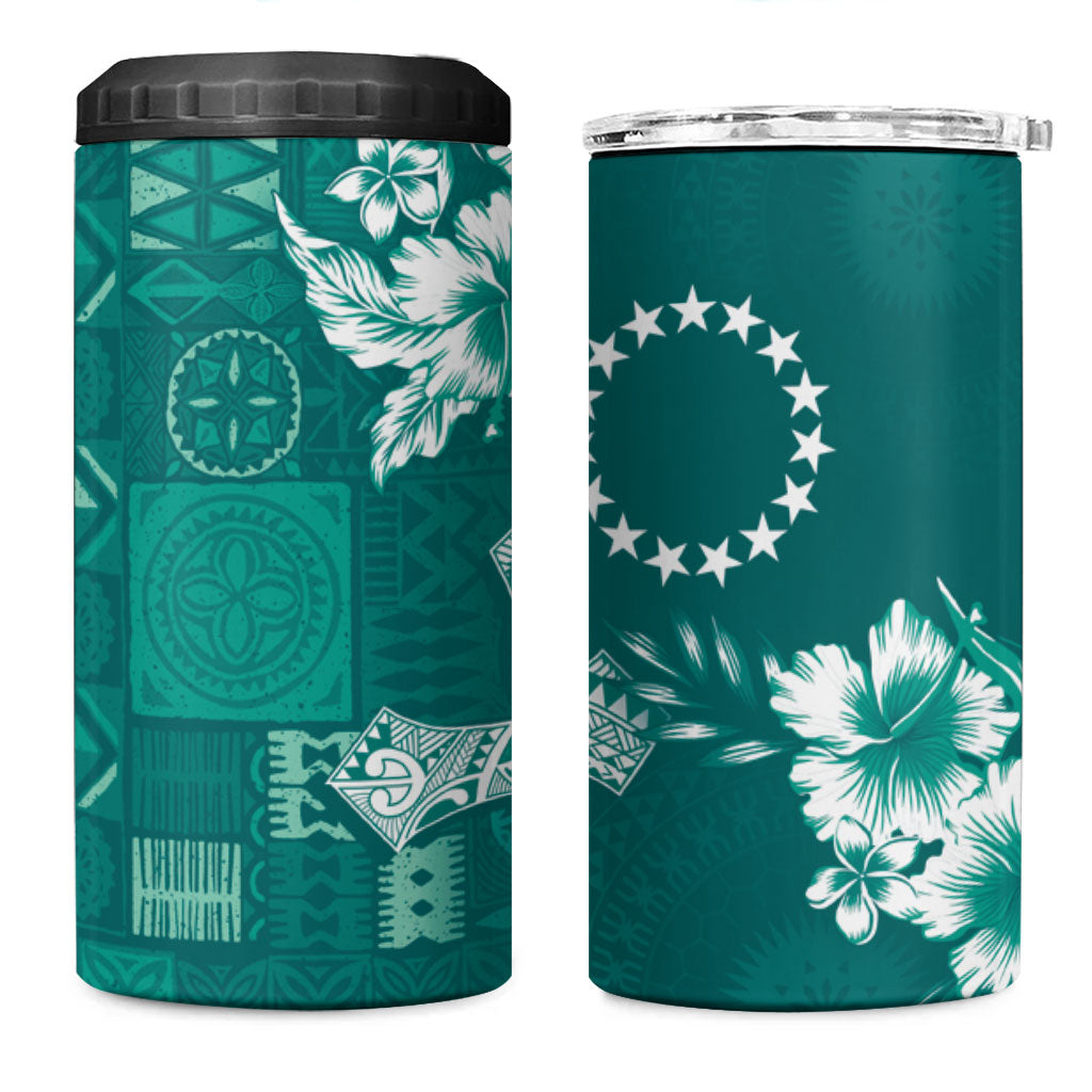 Kia Orana Cook Islands Tapa Floral With Cross 4 in 1 Can Cooler Tumbler Deep Teal LT7 One Size: 16 oz Deep Teal - Polynesian Pride