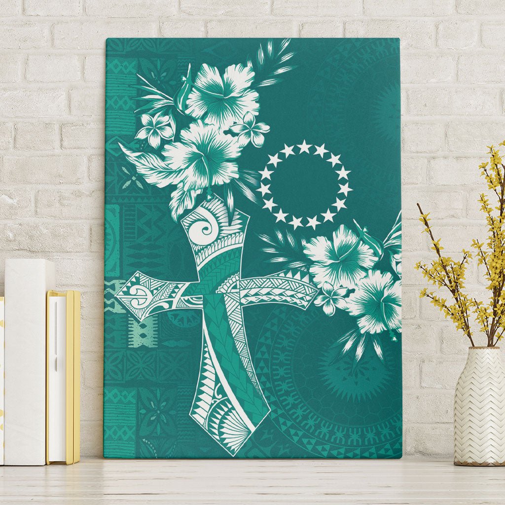 Kia Orana Cook Islands Tapa Floral With Cross Canvas Wall Art Deep Teal LT7 Without Frame Deep Teal - Polynesian Pride