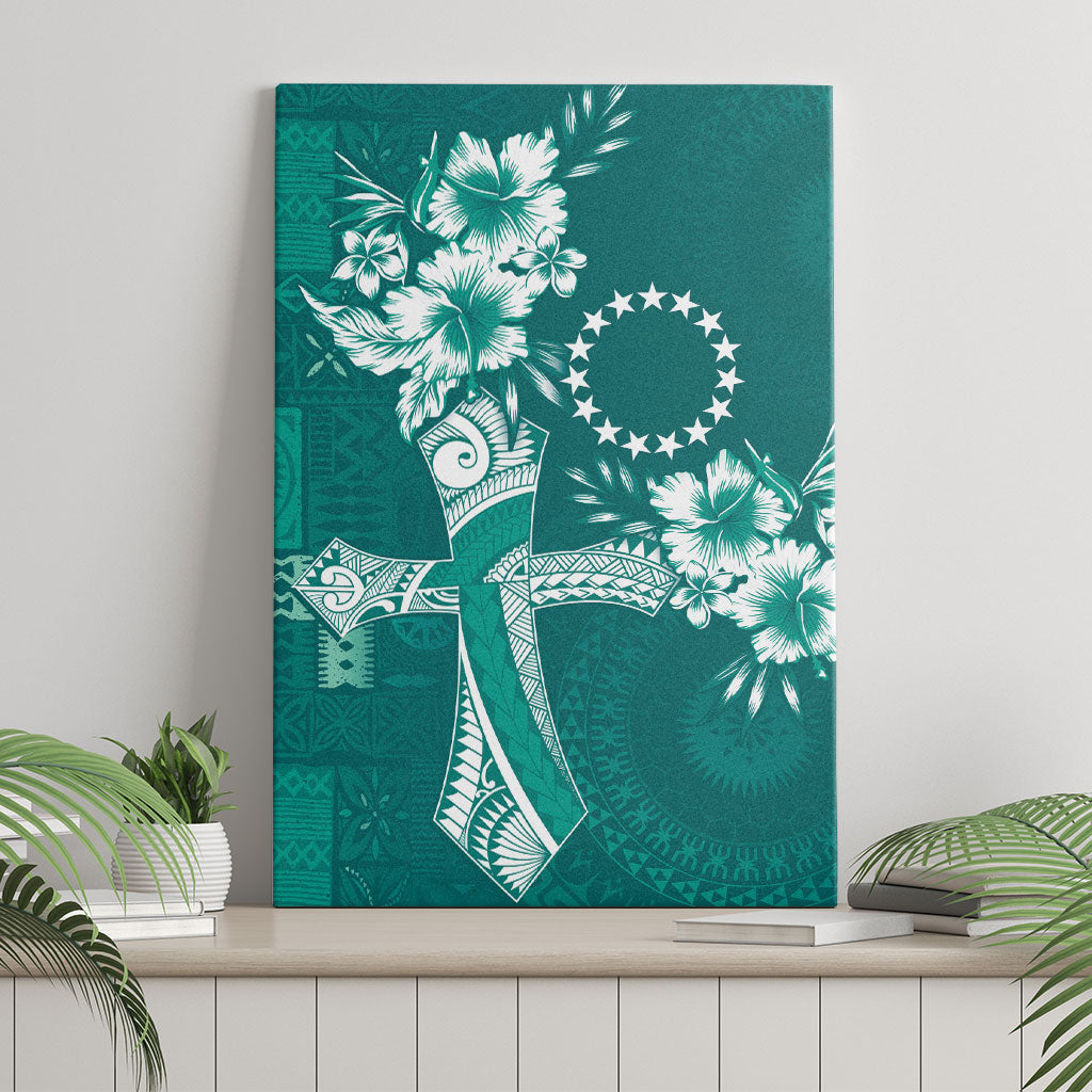 Kia Orana Cook Islands Tapa Floral With Cross Canvas Wall Art Deep Teal LT7 - Polynesian Pride