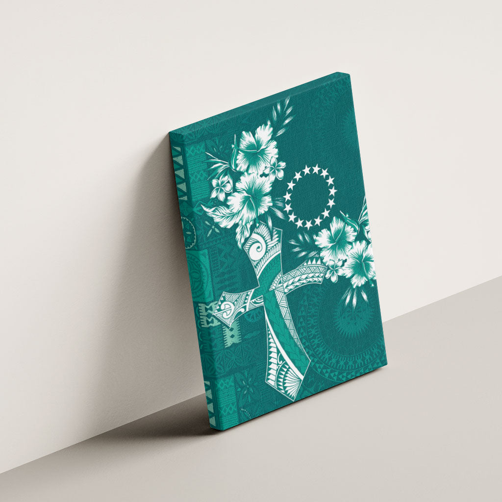 Kia Orana Cook Islands Tapa Floral With Cross Canvas Wall Art Deep Teal LT7 - Polynesian Pride