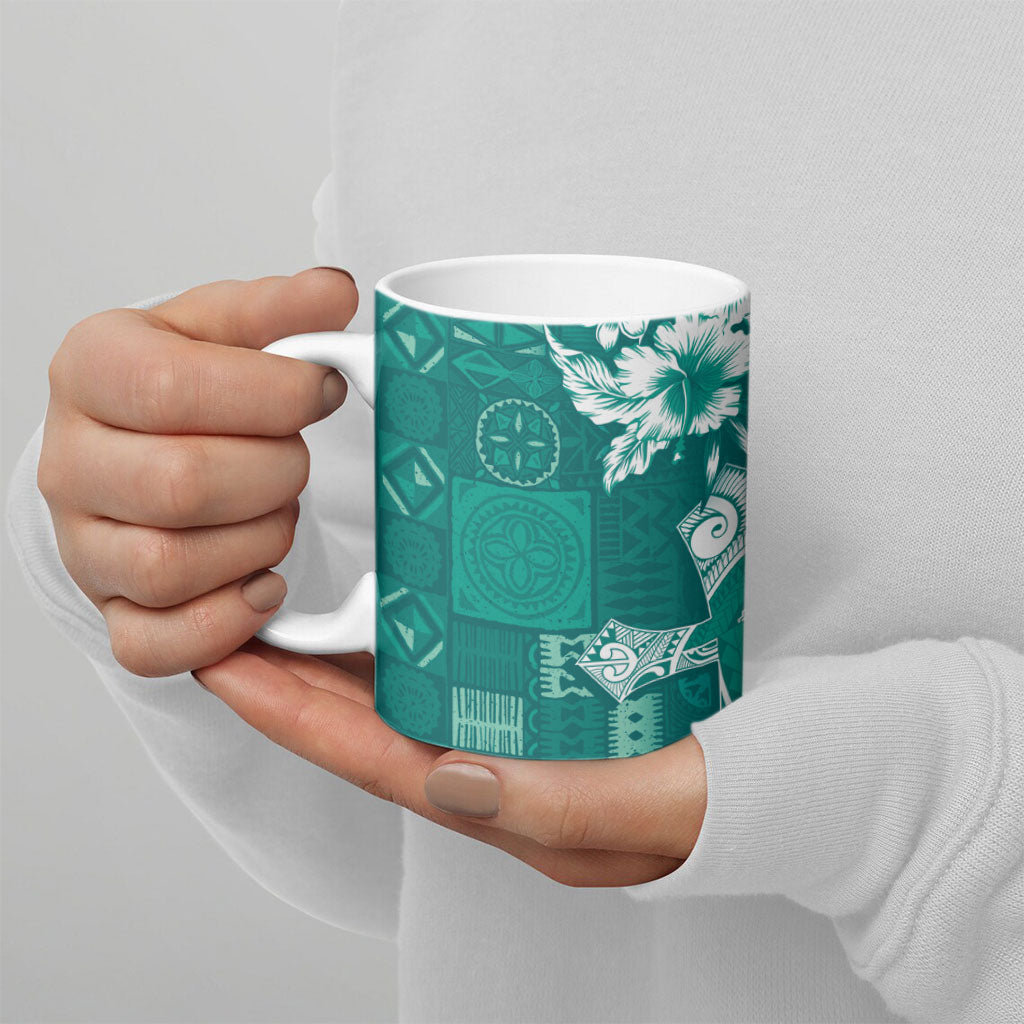 Kia Orana Cook Islands Tapa Floral With Cross Ceramic Mug Deep Teal LT7 - Polynesian Pride