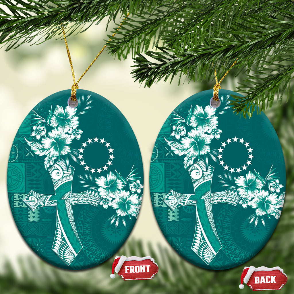 Kia Orana Cook Islands Tapa Floral With Cross Ceramic Ornament Deep Teal