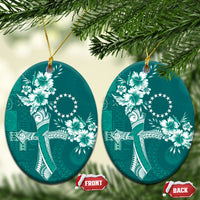 Kia Orana Cook Islands Tapa Floral With Cross Ceramic Ornament Deep Teal
