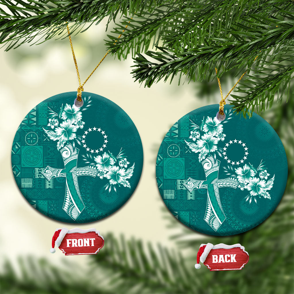 Kia Orana Cook Islands Tapa Floral With Cross Ceramic Ornament Deep Teal