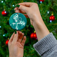 Kia Orana Cook Islands Tapa Floral With Cross Ceramic Ornament Deep Teal