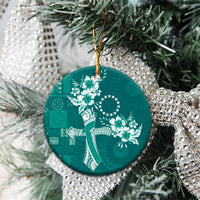 Kia Orana Cook Islands Tapa Floral With Cross Ceramic Ornament Deep Teal
