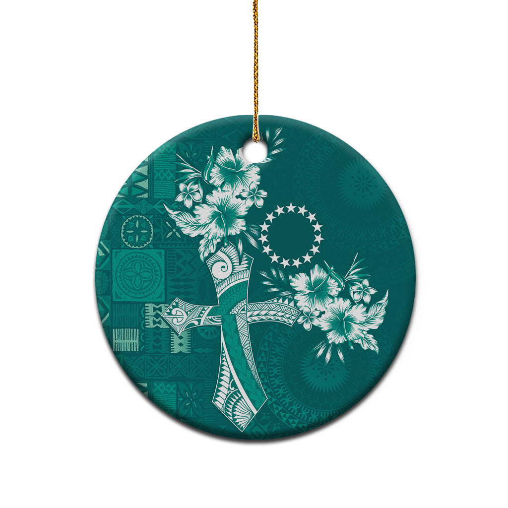 Kia Orana Cook Islands Tapa Floral With Cross Ceramic Ornament Deep Teal