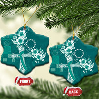 Kia Orana Cook Islands Tapa Floral With Cross Ceramic Ornament Deep Teal