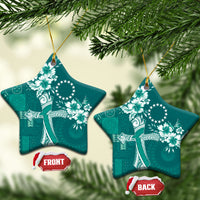 Kia Orana Cook Islands Tapa Floral With Cross Ceramic Ornament Deep Teal