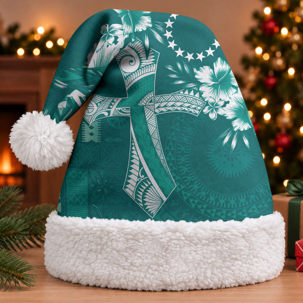 Kia Orana Cook Islands Tapa Floral With Cross Christmas Santa Hat Deep Teal LT7 With Fur Deep Teal - Polynesian Pride