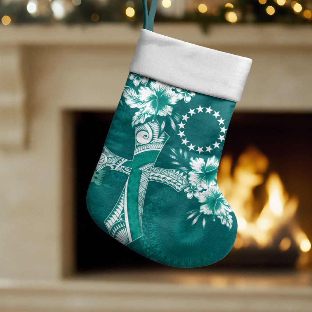 Kia Orana Cook Islands Tapa Floral With Cross Christmas Stocking Deep Teal LT7 Set of 2 Deep Teal - Polynesian Pride