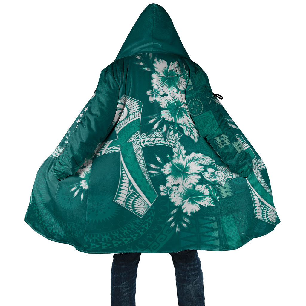 Kia Orana Cook Islands Tapa Floral With Cross Cloak Deep Teal