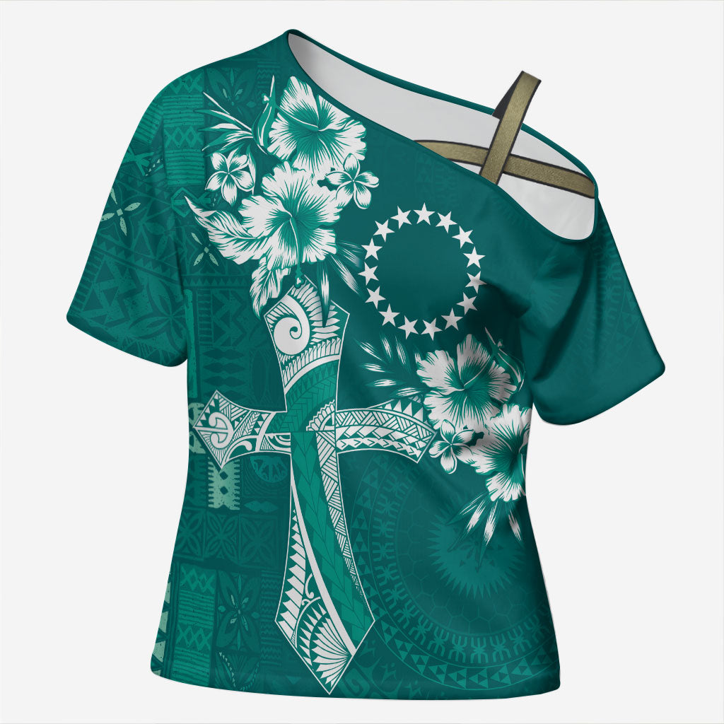 Kia Orana Cook Islands Tapa Floral With Cross Cross Shoulder Shirt Deep Teal LT7 Female Deep Teal - Polynesian Pride