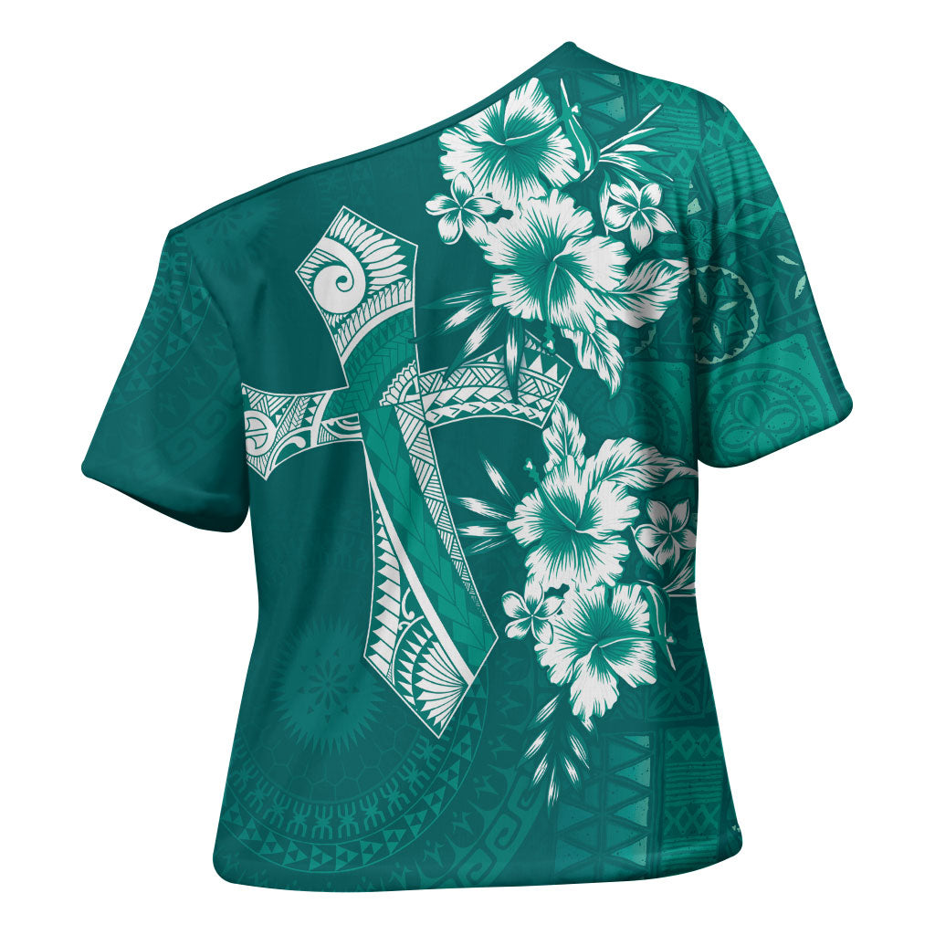 Kia Orana Cook Islands Tapa Floral With Cross Cross Shoulder Shirt Deep Teal LT7 - Polynesian Pride