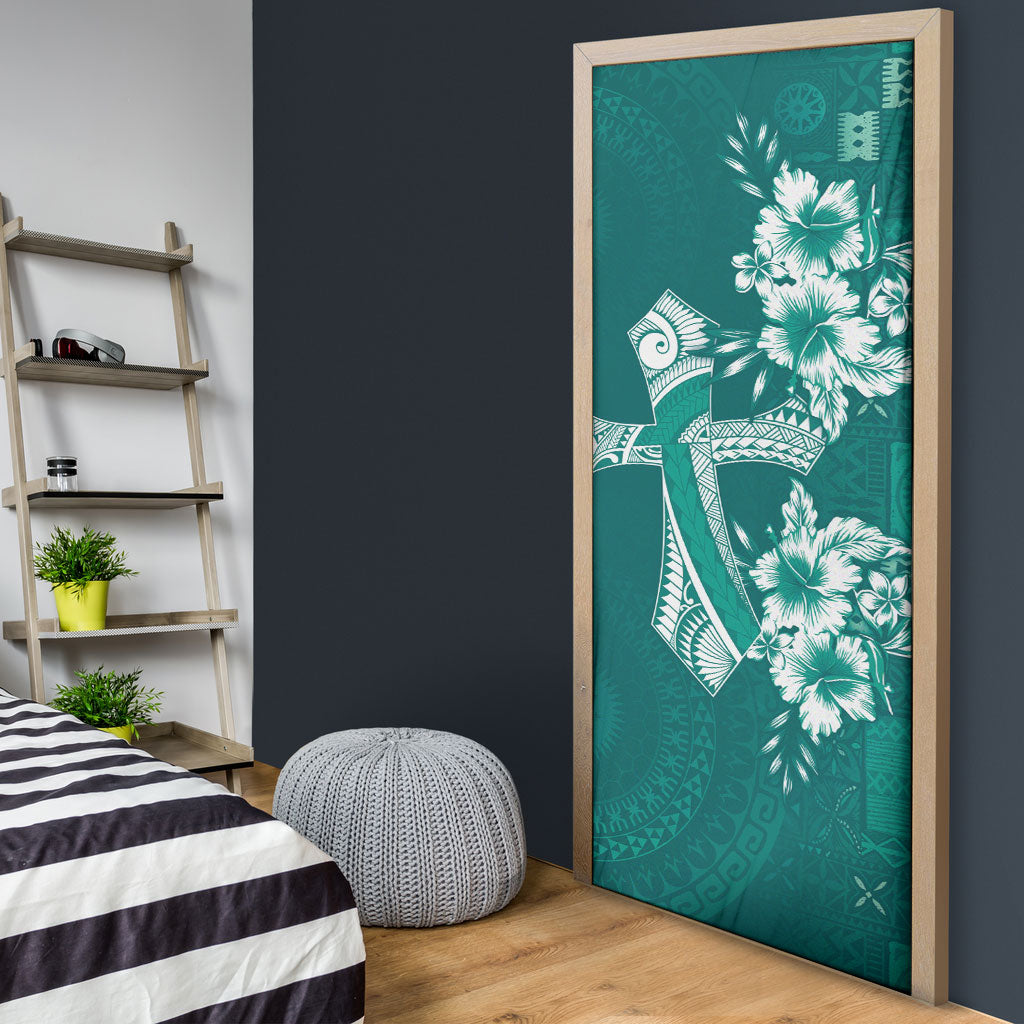 Kia Orana Cook Islands Tapa Floral With Cross Door Cover Deep Teal LT7 - Polynesian Pride