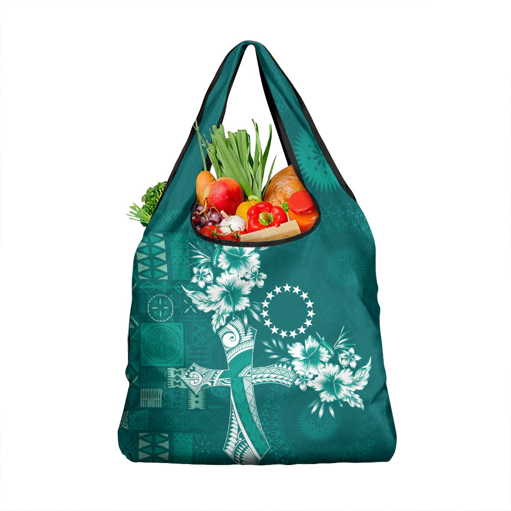 Kia Orana Cook Islands Tapa Floral With Cross Grocery Bag Deep Teal
