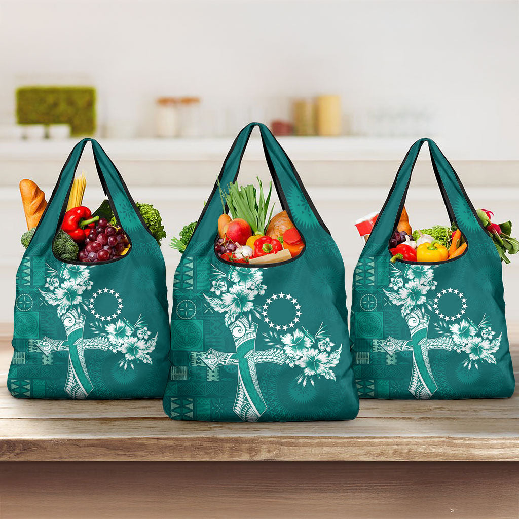 Kia Orana Cook Islands Tapa Floral With Cross Grocery Bag Deep Teal LT7 3-pack One Size Deep Teal - Polynesian Pride