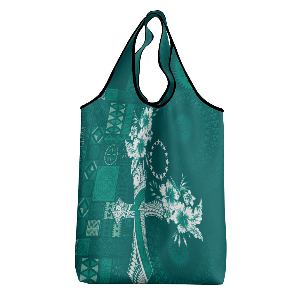 Kia Orana Cook Islands Tapa Floral With Cross Grocery Bag Deep Teal LT7 - Polynesian Pride