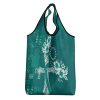 Kia Orana Cook Islands Tapa Floral With Cross Grocery Bag Deep Teal LT7 - Polynesian Pride