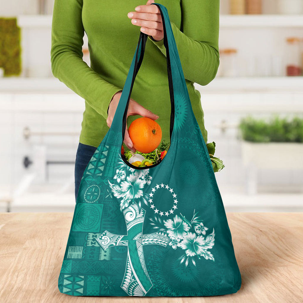 Kia Orana Cook Islands Tapa Floral With Cross Grocery Bag Deep Teal LT7 - Polynesian Pride