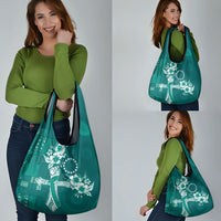 Kia Orana Cook Islands Tapa Floral With Cross Grocery Bag Deep Teal LT7 - Polynesian Pride