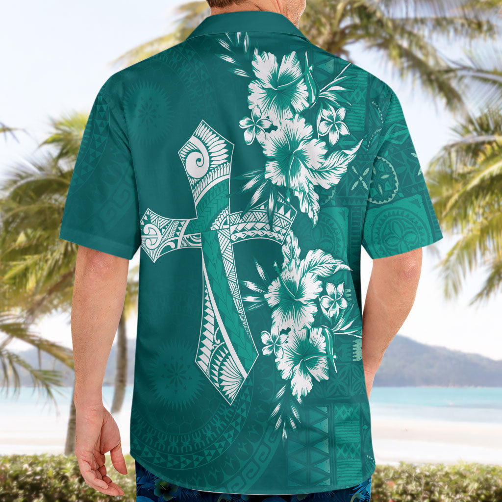 Kia Orana Cook Islands Tapa Floral With Cross Hawaiian Shirt Deep Teal LT7 - Polynesian Pride
