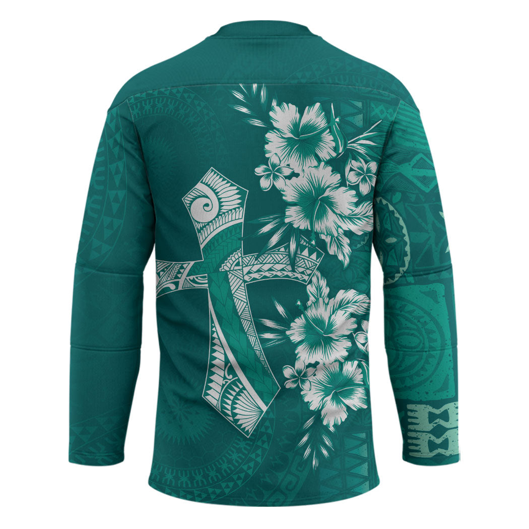 Kia Orana Cook Islands Tapa Floral With Cross Hockey Jersey Deep Teal LT7 - Polynesian Pride