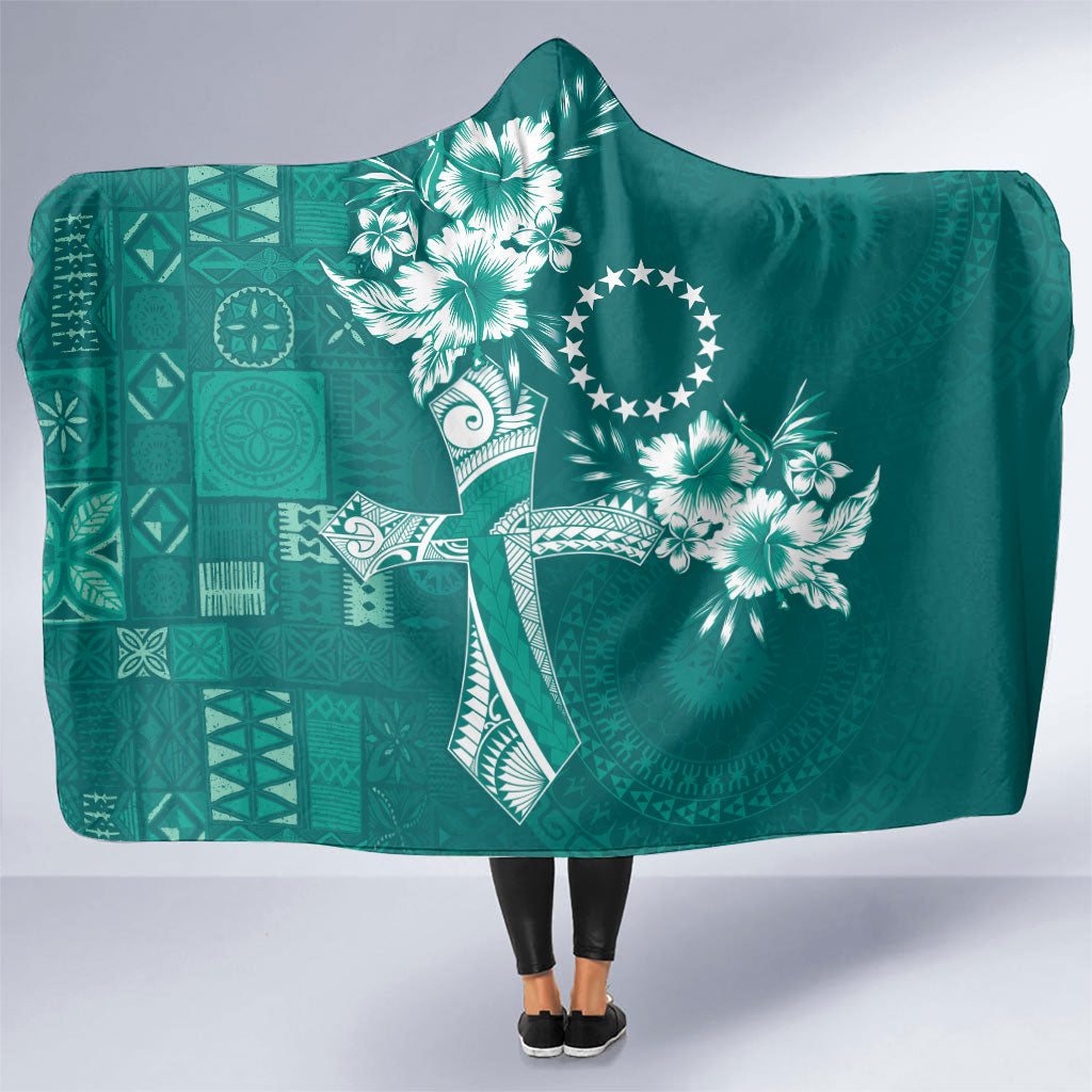Kia Orana Cook Islands Tapa Floral With Cross Hooded Blanket Deep Teal LT7 One Size Deep Teal - Polynesian Pride