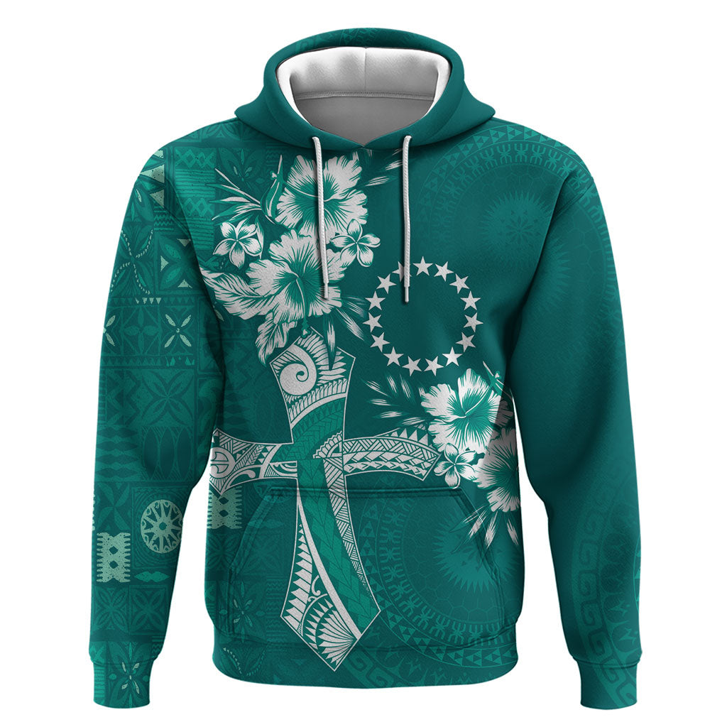 Kia Orana Cook Islands Tapa Floral With Cross Hoodie Deep Teal LT7 Pullover Hoodie Deep Teal - Polynesian Pride