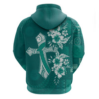 Kia Orana Cook Islands Tapa Floral With Cross Hoodie Deep Teal LT7 - Polynesian Pride
