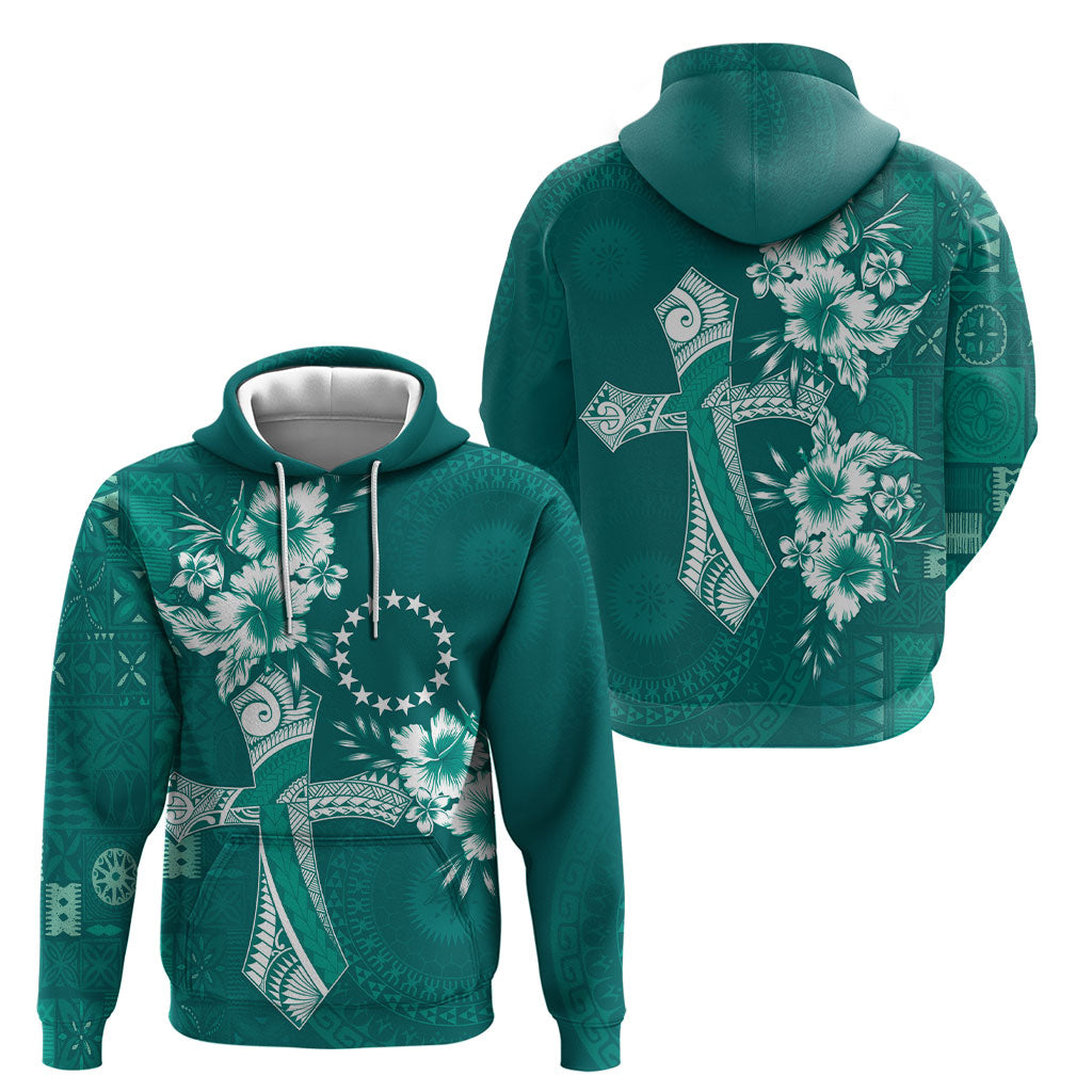 Kia Orana Cook Islands Tapa Floral With Cross Hoodie Deep Teal LT7 - Polynesian Pride