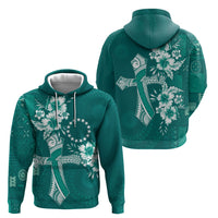 Kia Orana Cook Islands Tapa Floral With Cross Hoodie Deep Teal LT7 - Polynesian Pride