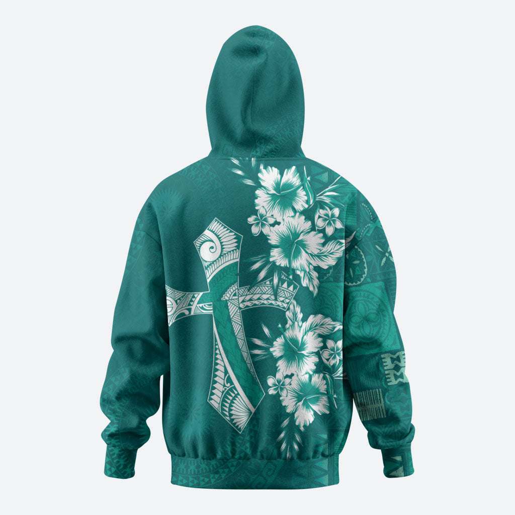 Kia Orana Cook Islands Tapa Floral With Cross Hoodie Deep Teal LT7 - Polynesian Pride