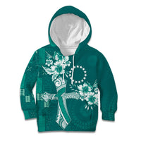 Kia Orana Cook Islands Tapa Floral With Cross Kid Hoodie Deep Teal LT7 Hoodie Deep Teal - Polynesian Pride