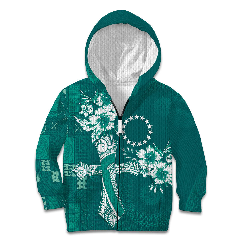 Kia Orana Cook Islands Tapa Floral With Cross Kid Hoodie Deep Teal LT7 Zip Hoodie Deep Teal - Polynesian Pride