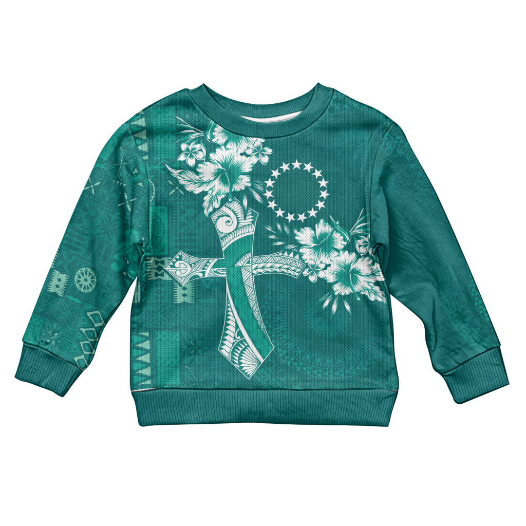 Kia Orana Cook Islands Tapa Floral With Cross Kid Ugly Christmas Sweater Deep Teal LT7 Kid Deep Teal - Polynesian Pride