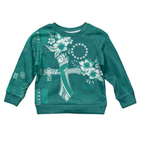 Kia Orana Cook Islands Tapa Floral With Cross Kid Ugly Christmas Sweater Deep Teal LT7 Kid Deep Teal - Polynesian Pride