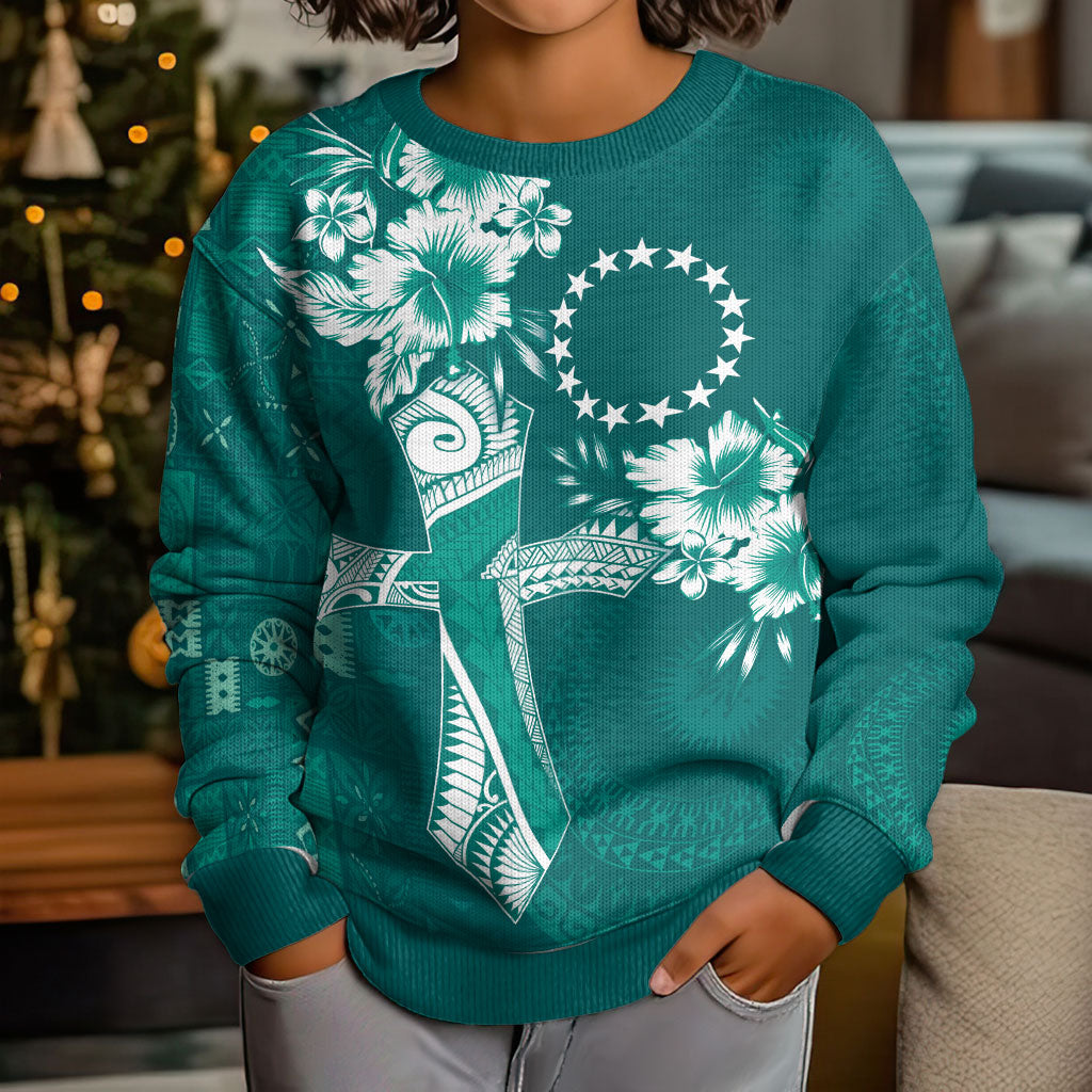 Kia Orana Cook Islands Tapa Floral With Cross Kid Ugly Christmas Sweater Deep Teal LT7 - Polynesian Pride