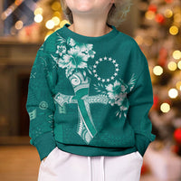 Kia Orana Cook Islands Tapa Floral With Cross Kid Ugly Christmas Sweater Deep Teal LT7 - Polynesian Pride