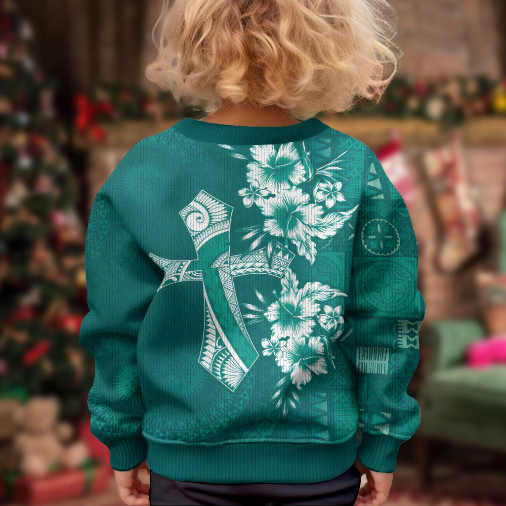 Kia Orana Cook Islands Tapa Floral With Cross Kid Ugly Christmas Sweater Deep Teal LT7 - Polynesian Pride