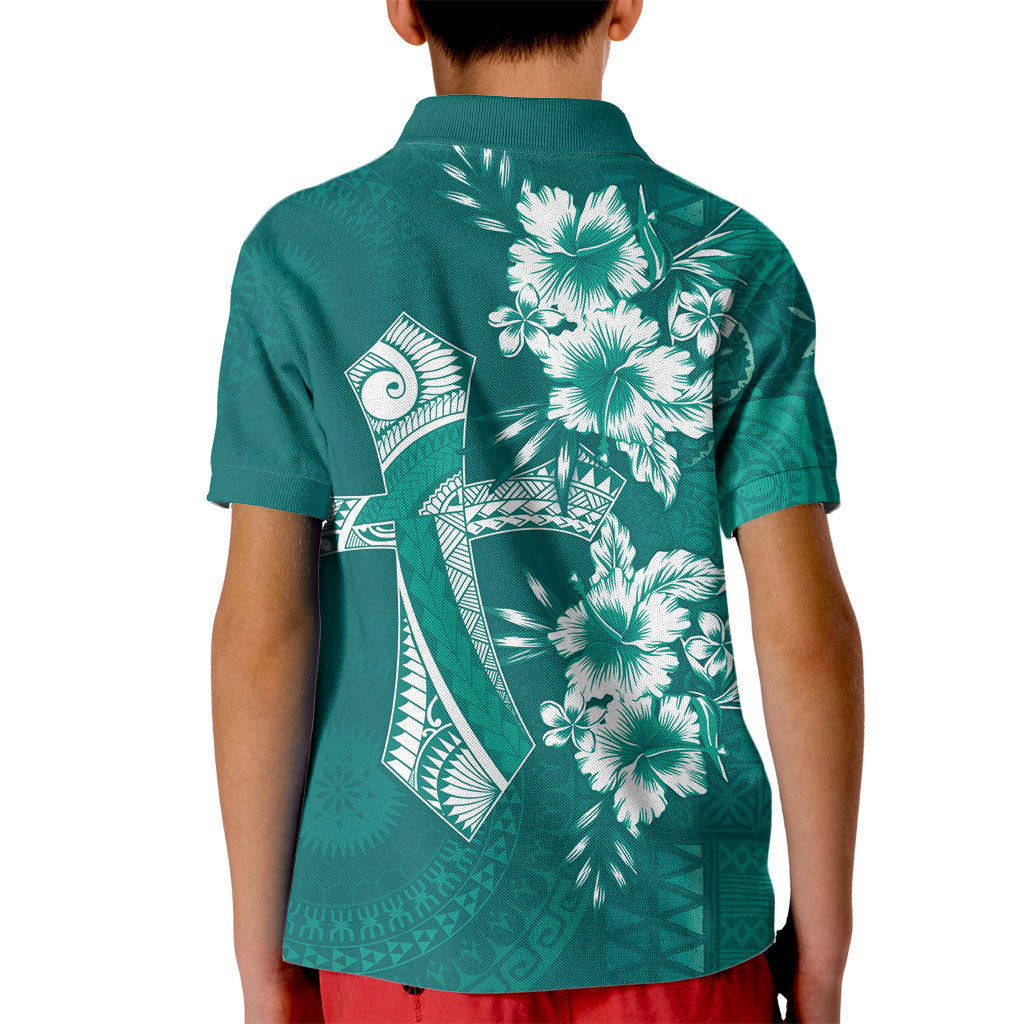 Kia Orana Cook Islands Tapa Floral With Cross Kid Polo Shirt Deep Teal LT7 - Polynesian Pride