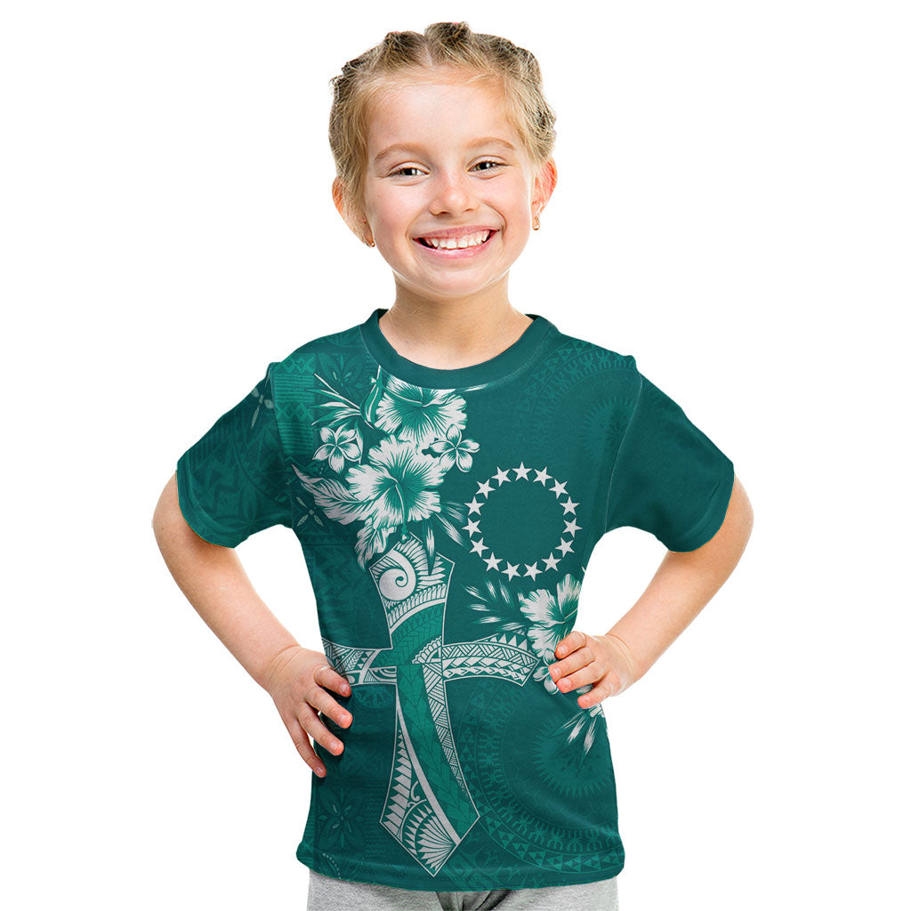 Kia Orana Cook Islands Tapa Floral With Cross Kid T Shirt Deep Teal LT7 Deep Teal - Polynesian Pride