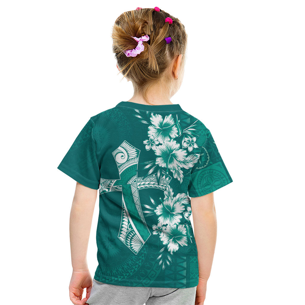 Kia Orana Cook Islands Tapa Floral With Cross Kid T Shirt Deep Teal LT7 - Polynesian Pride