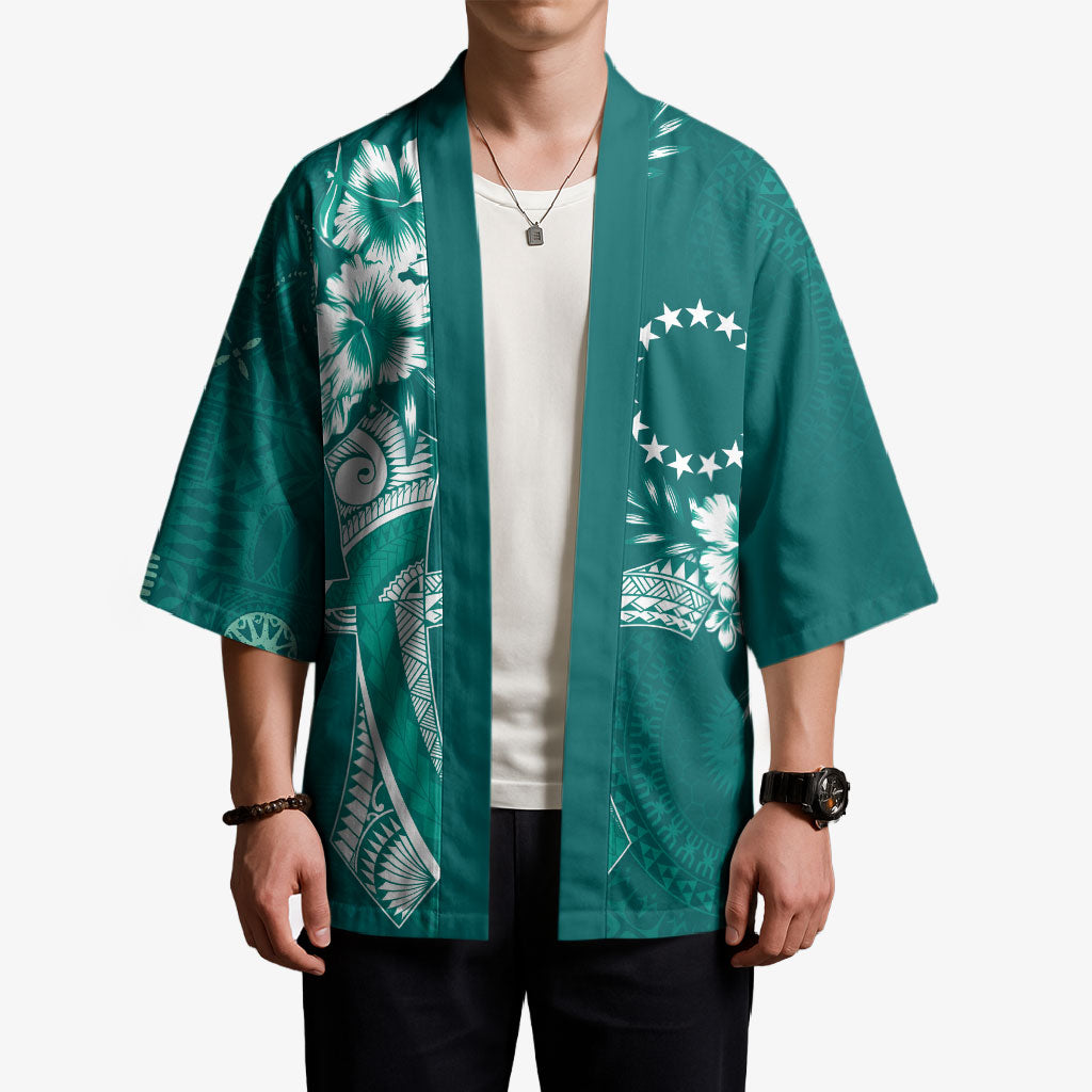Kia Orana Cook Islands Tapa Floral With Cross Kimono Deep Teal LT7 - Polynesian Pride