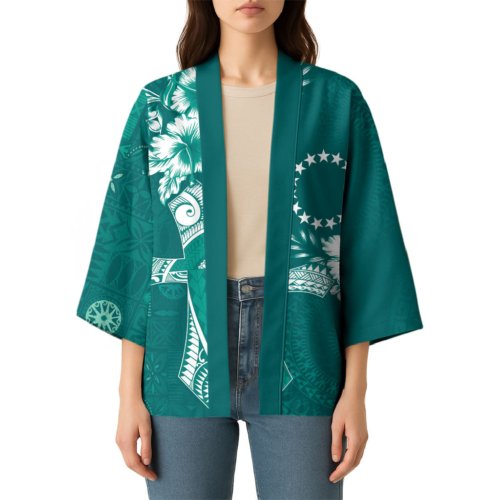 Kia Orana Cook Islands Tapa Floral With Cross Kimono Deep Teal LT7 - Polynesian Pride