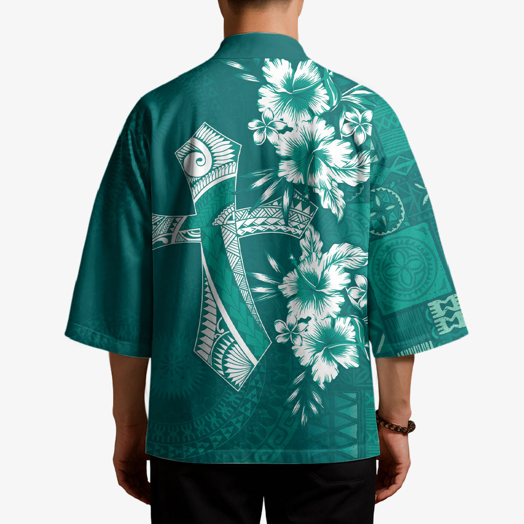 Kia Orana Cook Islands Tapa Floral With Cross Kimono Deep Teal LT7 - Polynesian Pride